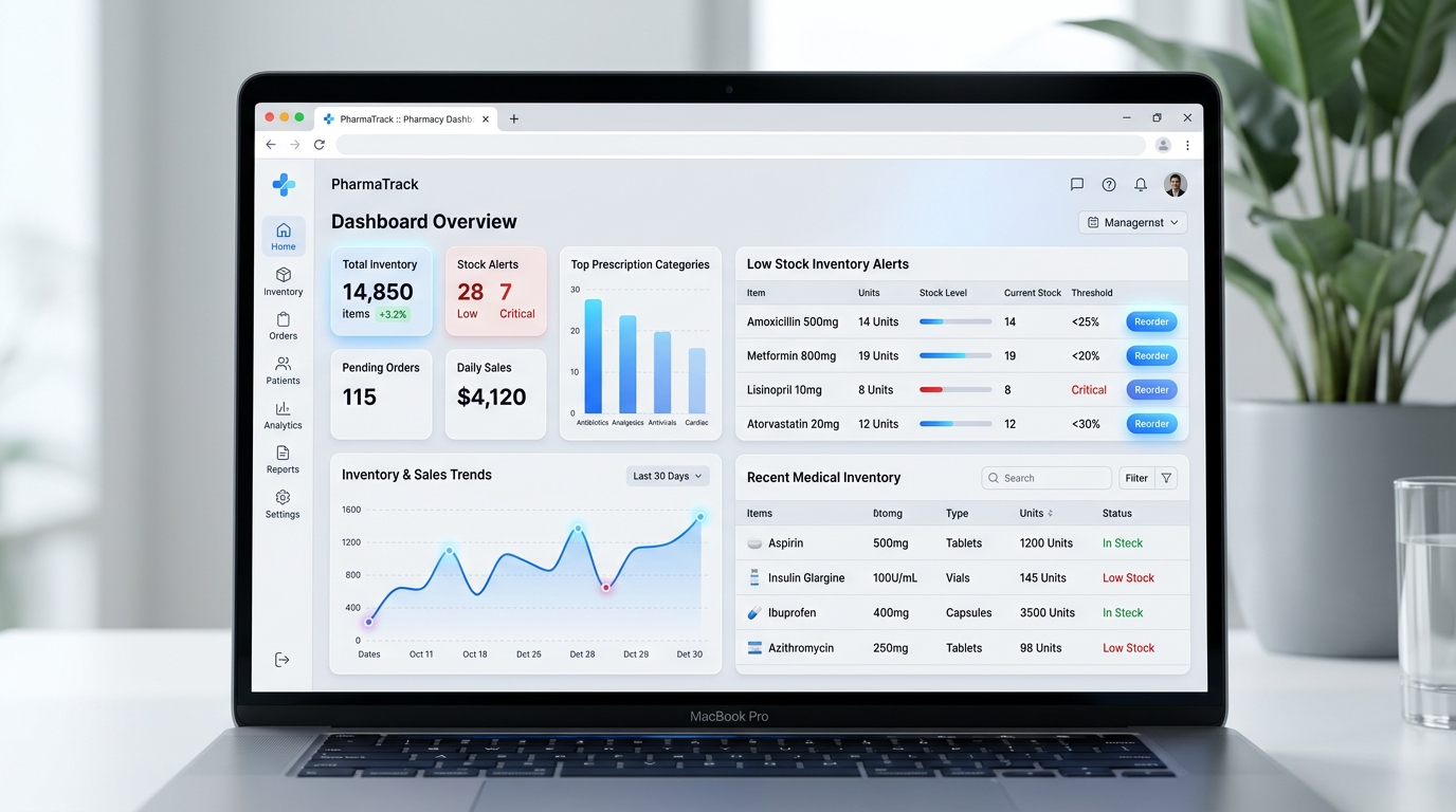 Modern Pharmacy Management System Dashboard Visual Mockup Background